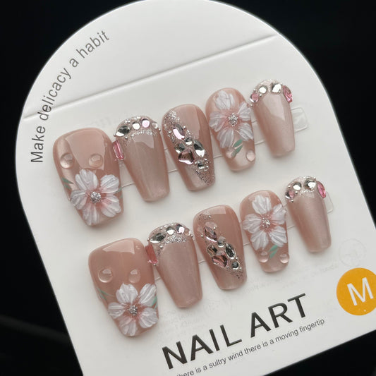 Handmade Press On Nails Medium Coffin Delicate flowers