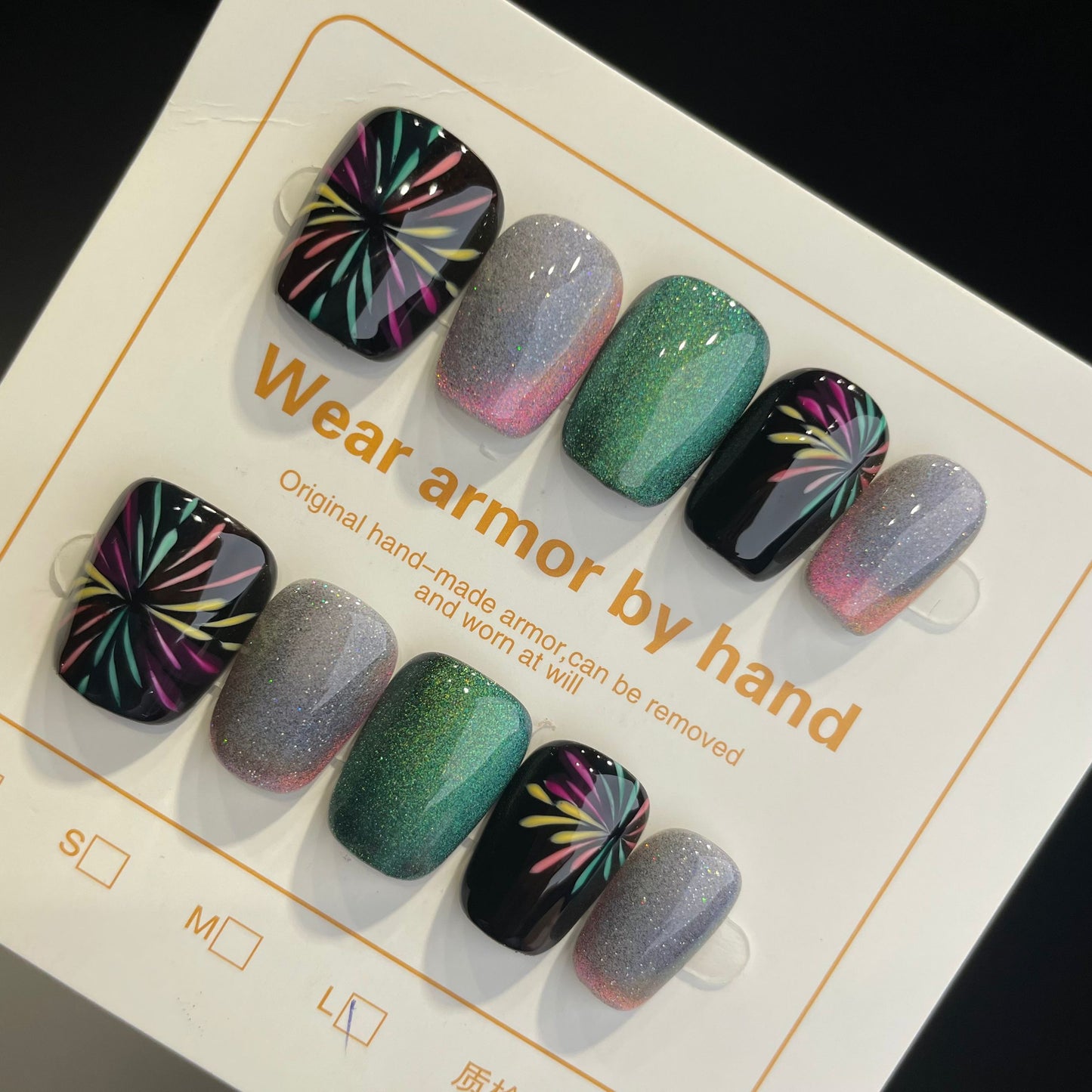 Handmade Press On Nails Short Square Fireworks in full bloom