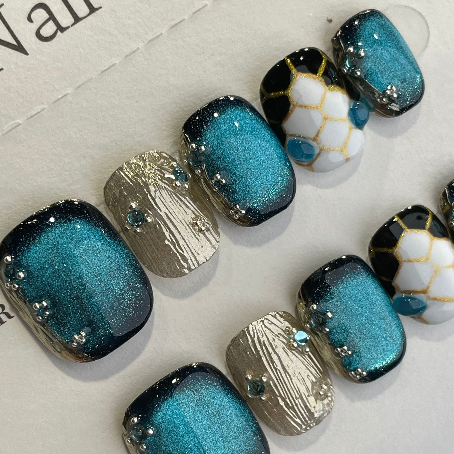 Handmade Press On Nails Short Square Blue Medusa