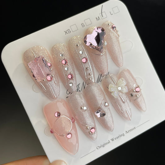 Handmade Press On Nails Long Almond Pink stone