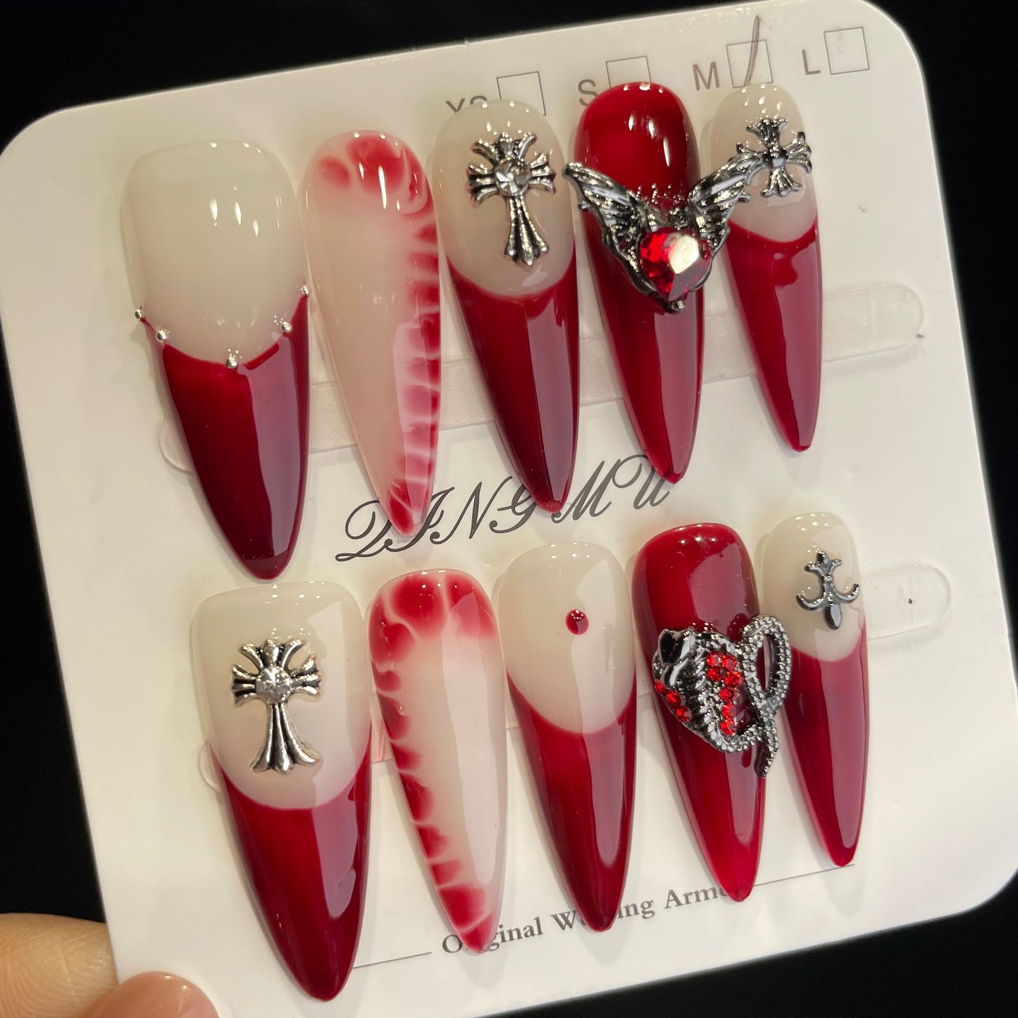 Handmade Press On Nails Long Stiletto Red French cross-QingM