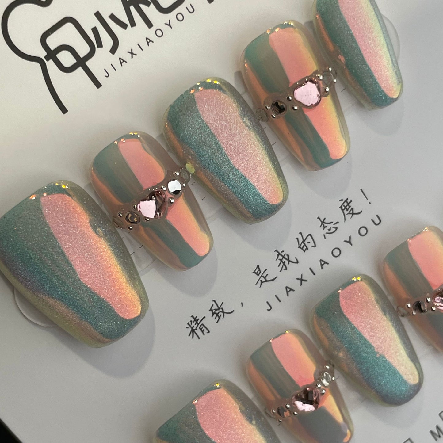 Handmade Press On Nails Medium Coffin Mermaid-JiaXY