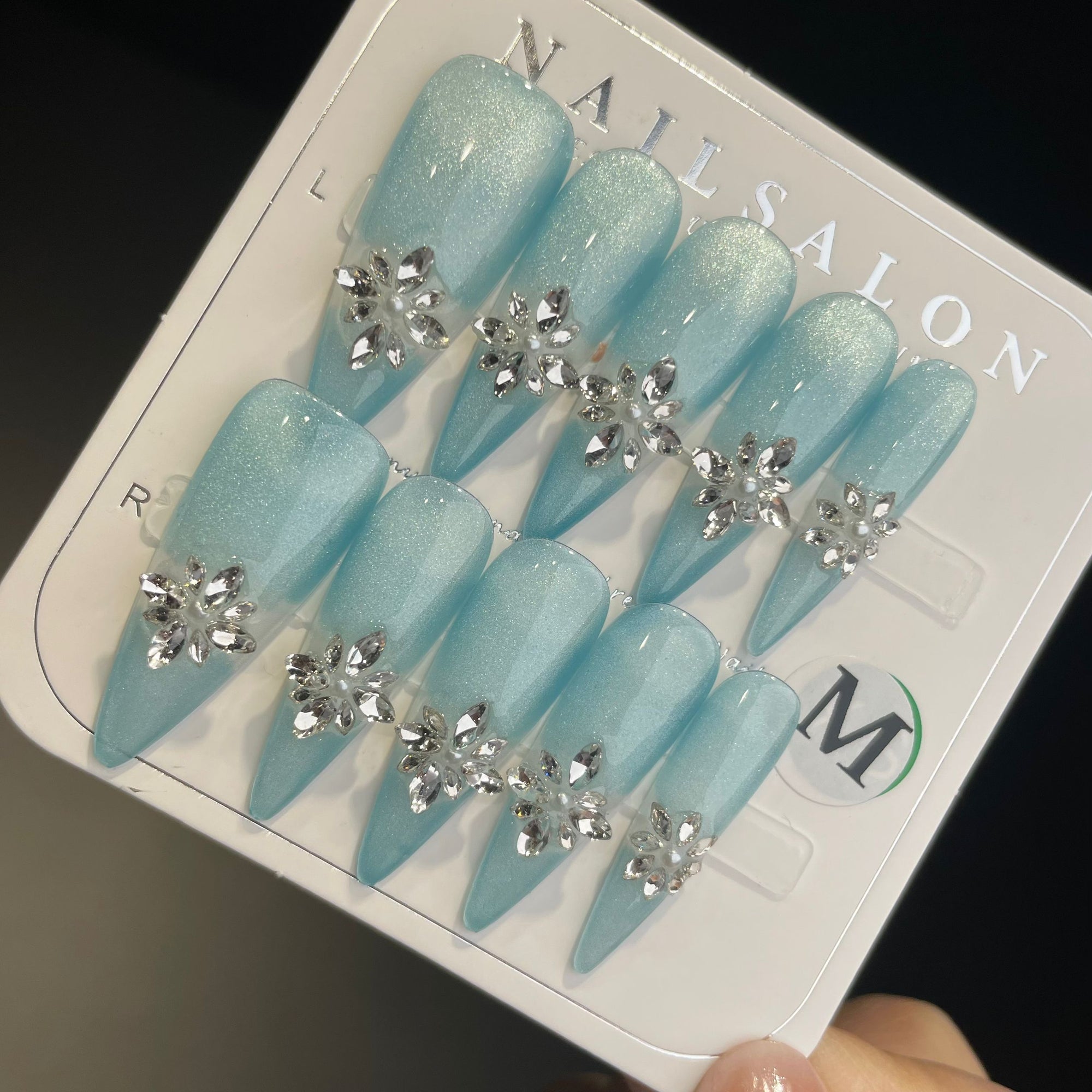 Handmade Press On Nails Long Stiletto Ice Flower