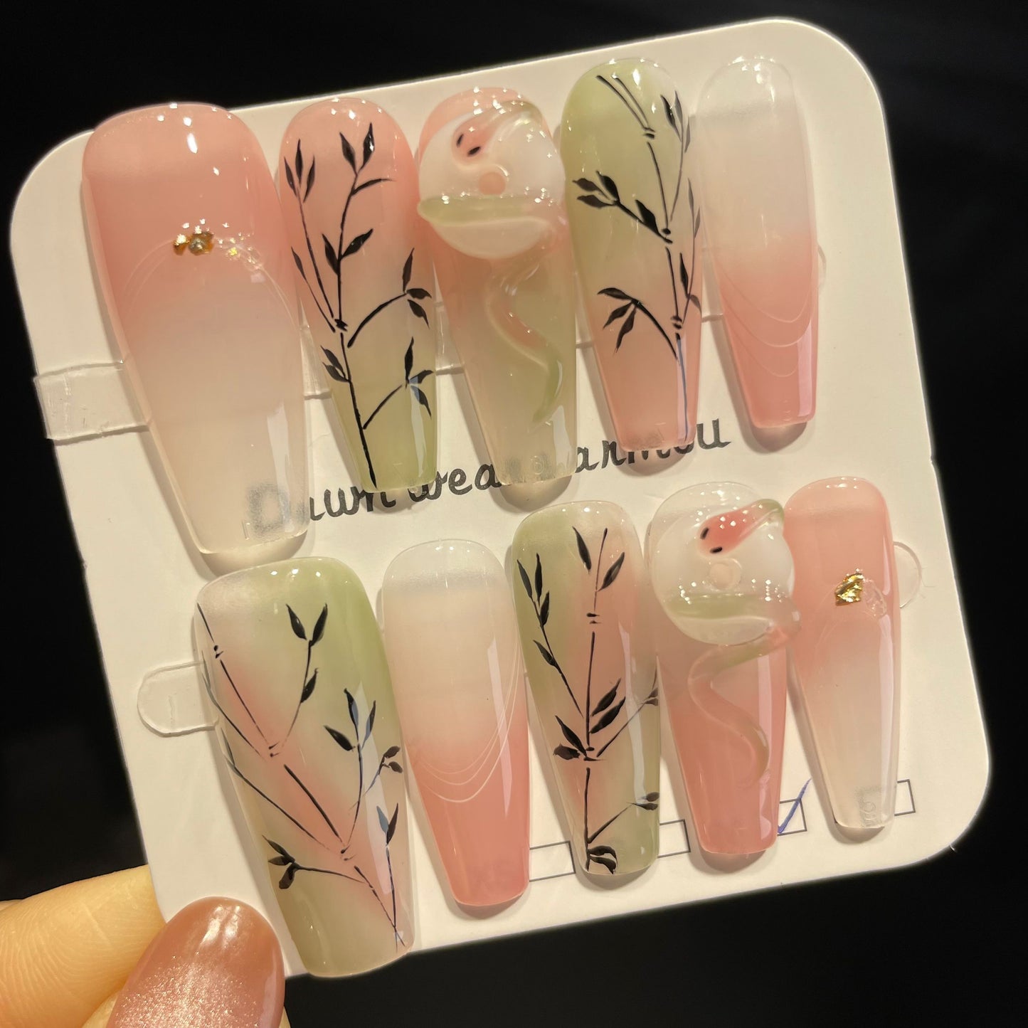 Handmade Press On Nails Long Coffin Pink green bamboo-XiXX