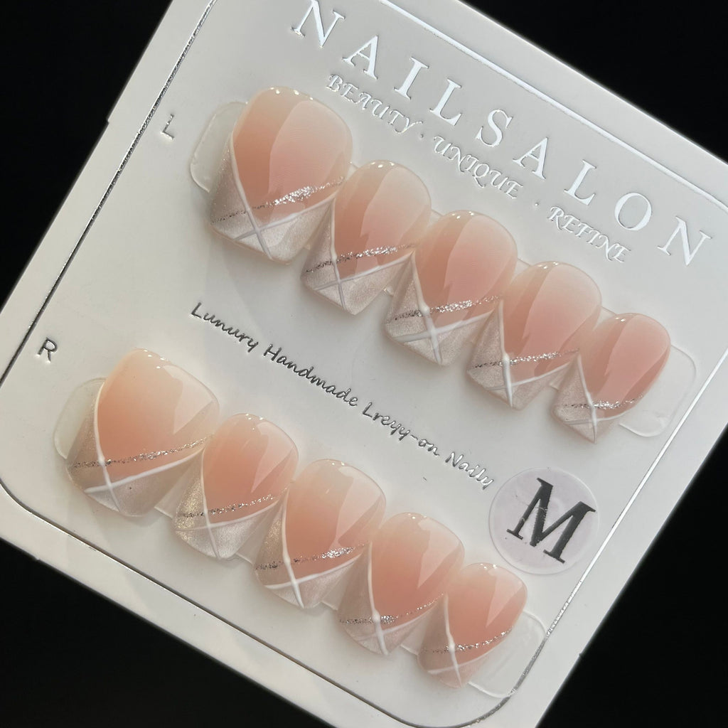Handmade Press On Nails Short Coffin Line cat-eye French-YiH