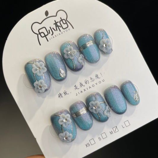 Handmade Press On Nails Short Oval Blue flower