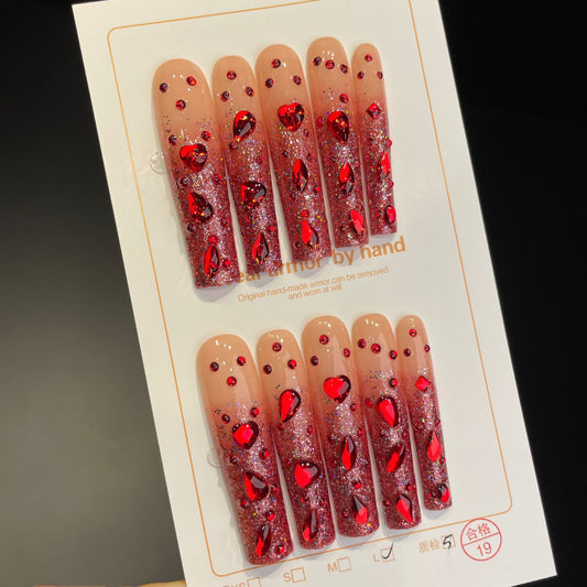 Handmade Press On Nails Extra-Long Coffin Ruby-like