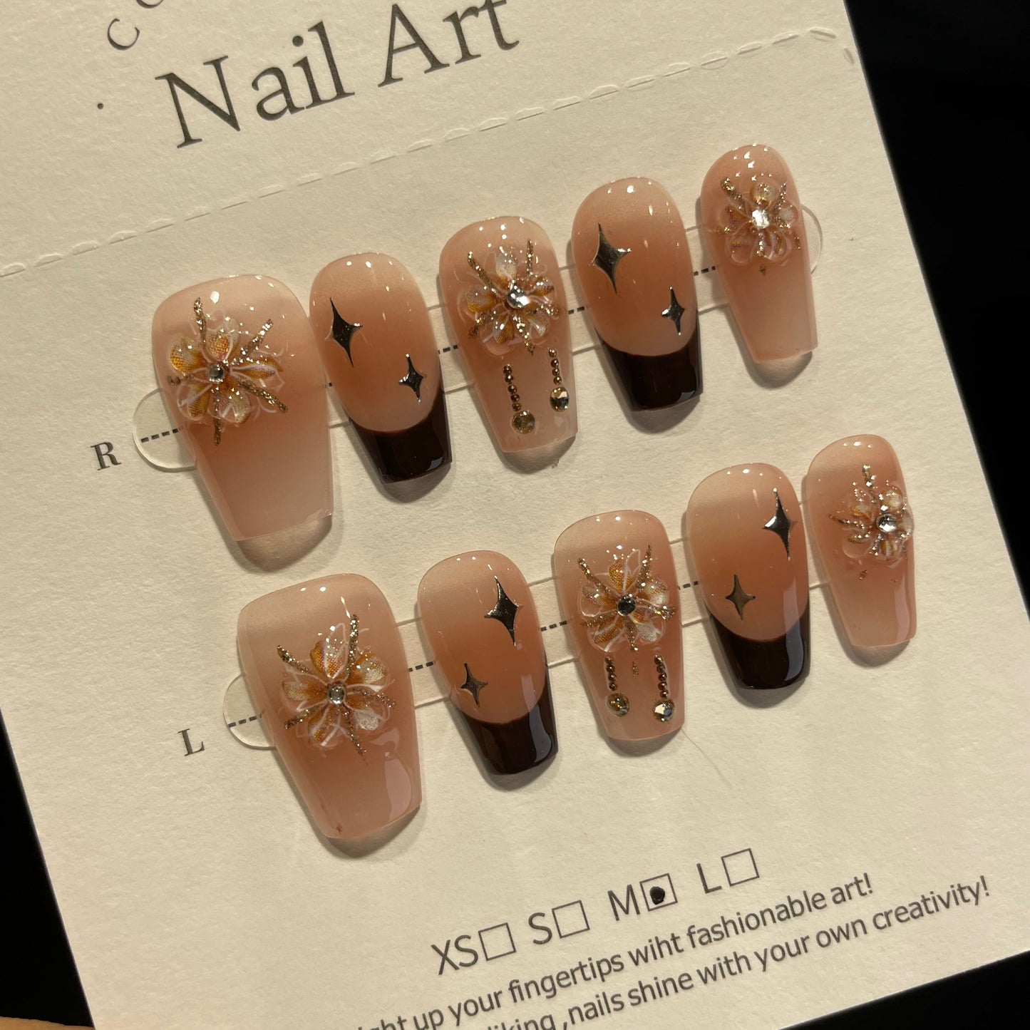 Handmade Press On Nails Medium Coffin Flower French