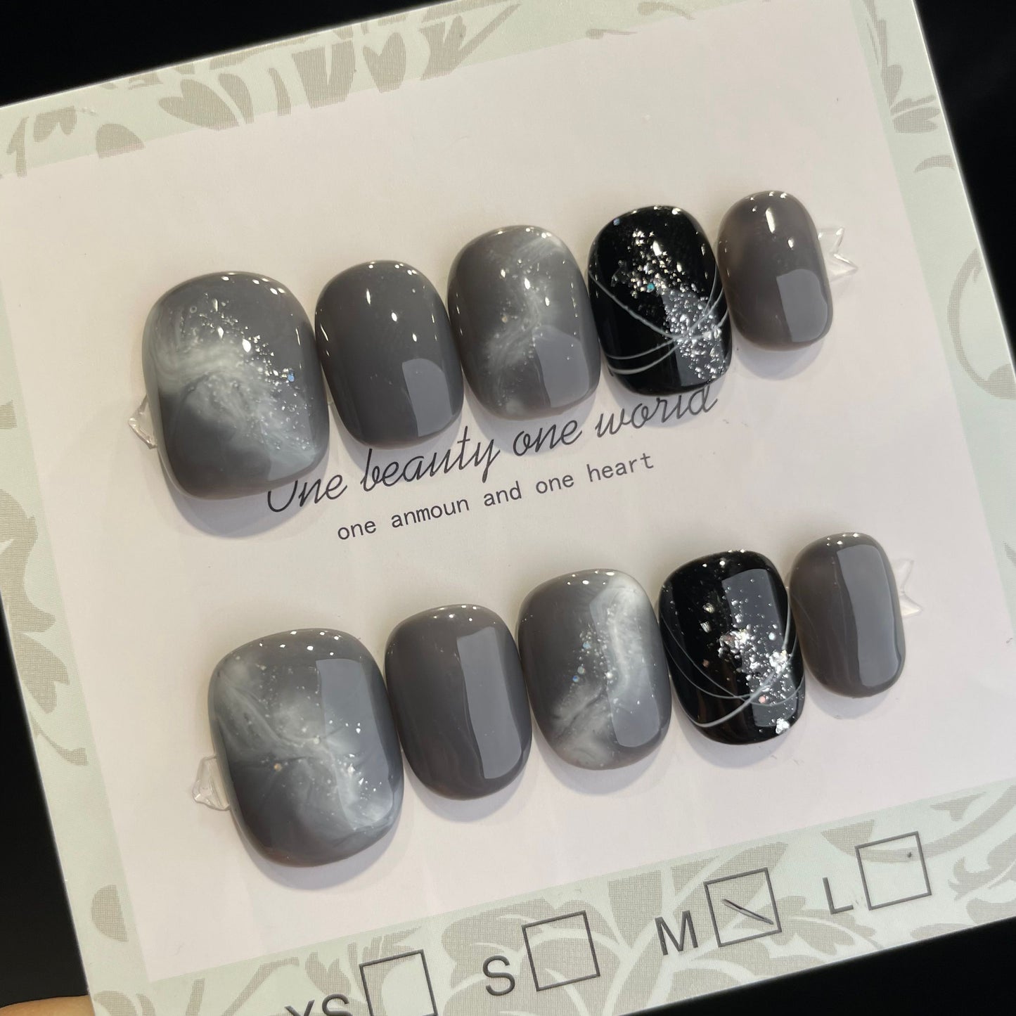 Handmade Press On Nails Short Square Gray nebula