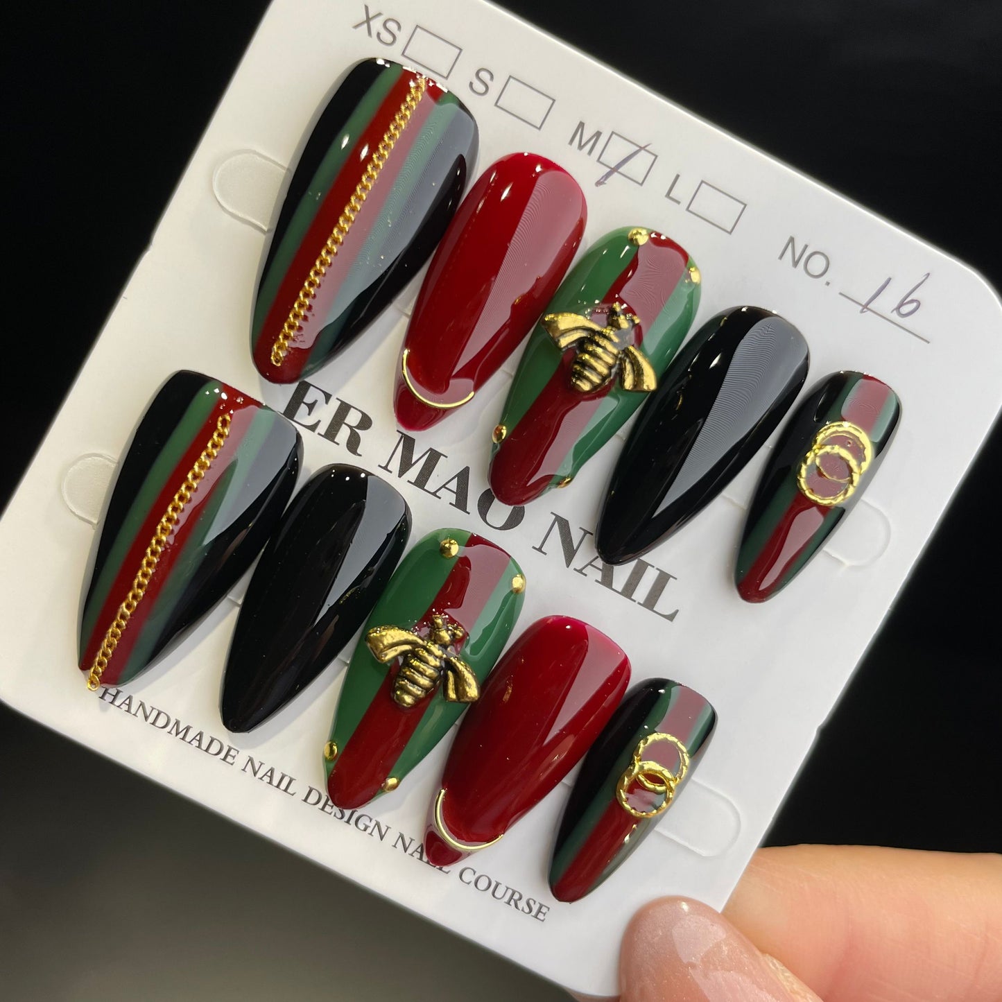 Handmade Press On Nails Long Stiletto Gucci bee