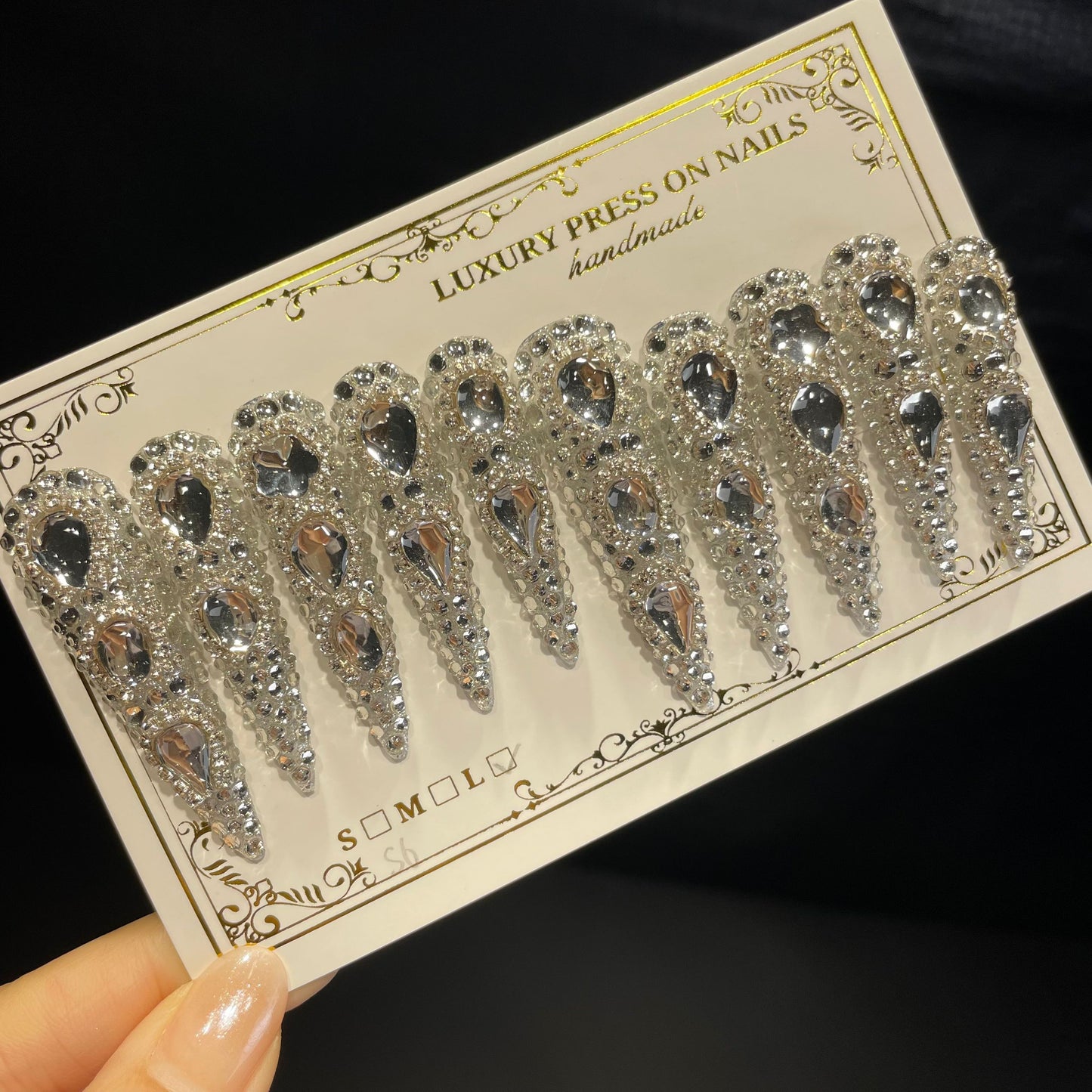 Handmade Press On Nails Extra-Long Stiletto Silvery