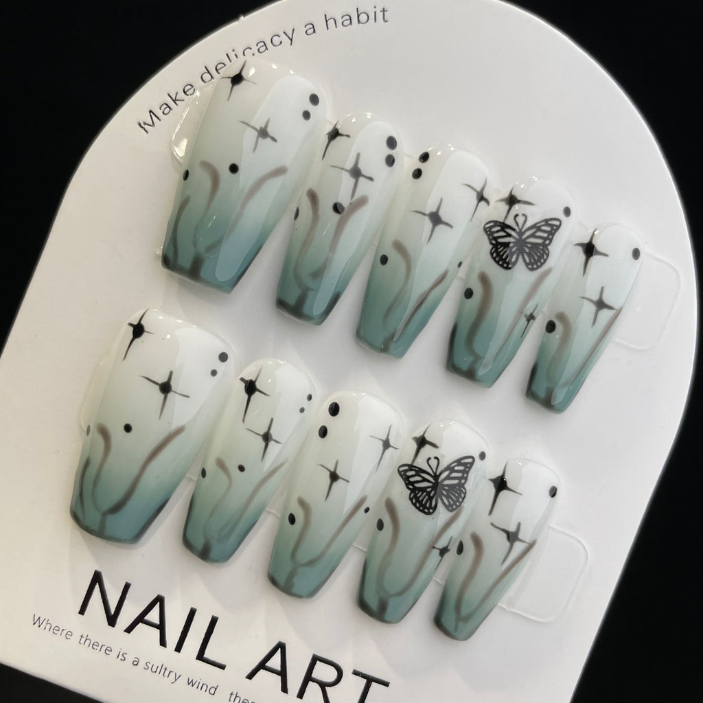 Handmade Press On Nails Long Coffin Green butterfly-YiH