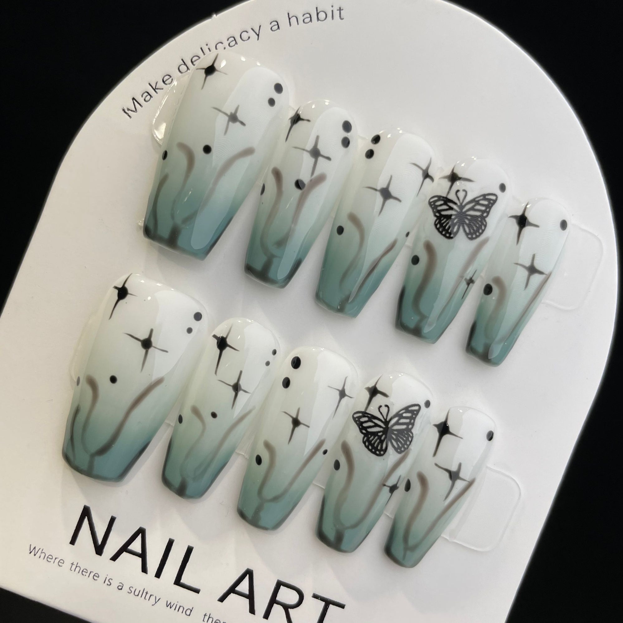 Handmade Press On Nails Long Coffin Green butterfly-YiH