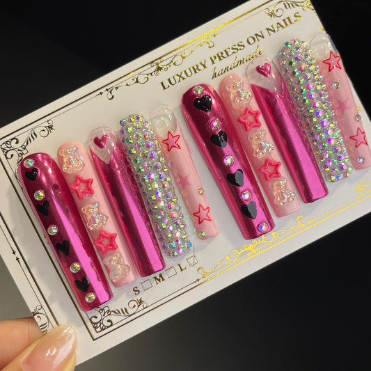 Handmade Press On Nails Extra-Long Coffin Hot and sweet girl