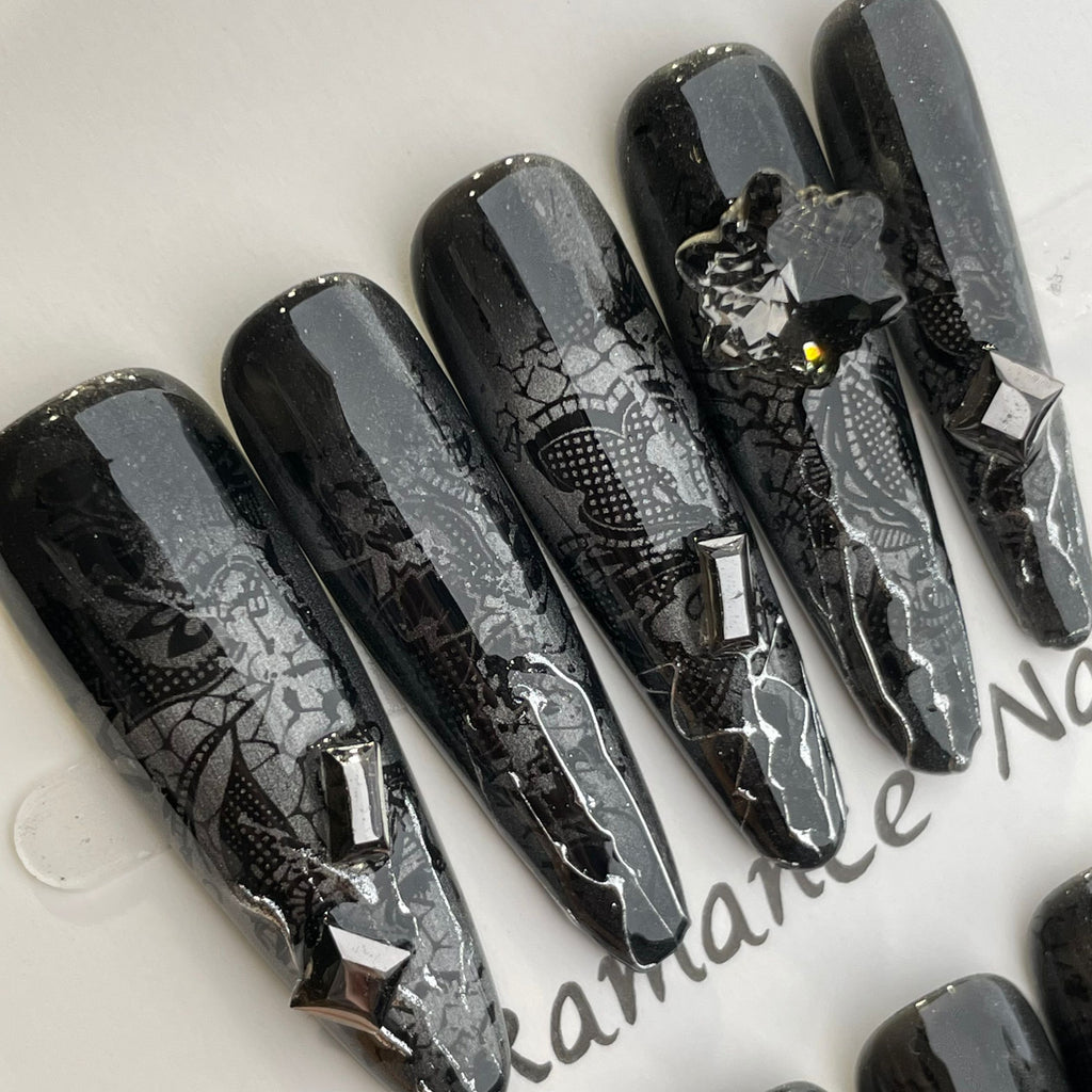Handmade Press On Nails Long Oval Black snake scale-YiH