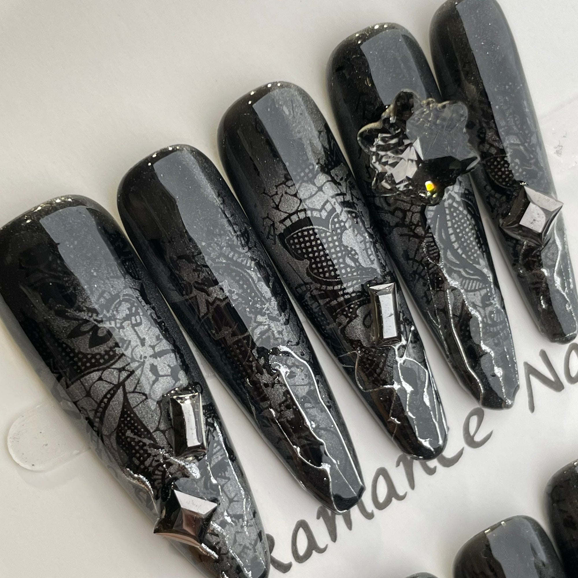 Handmade Press On Nails Long Oval Black snake scale-YiH