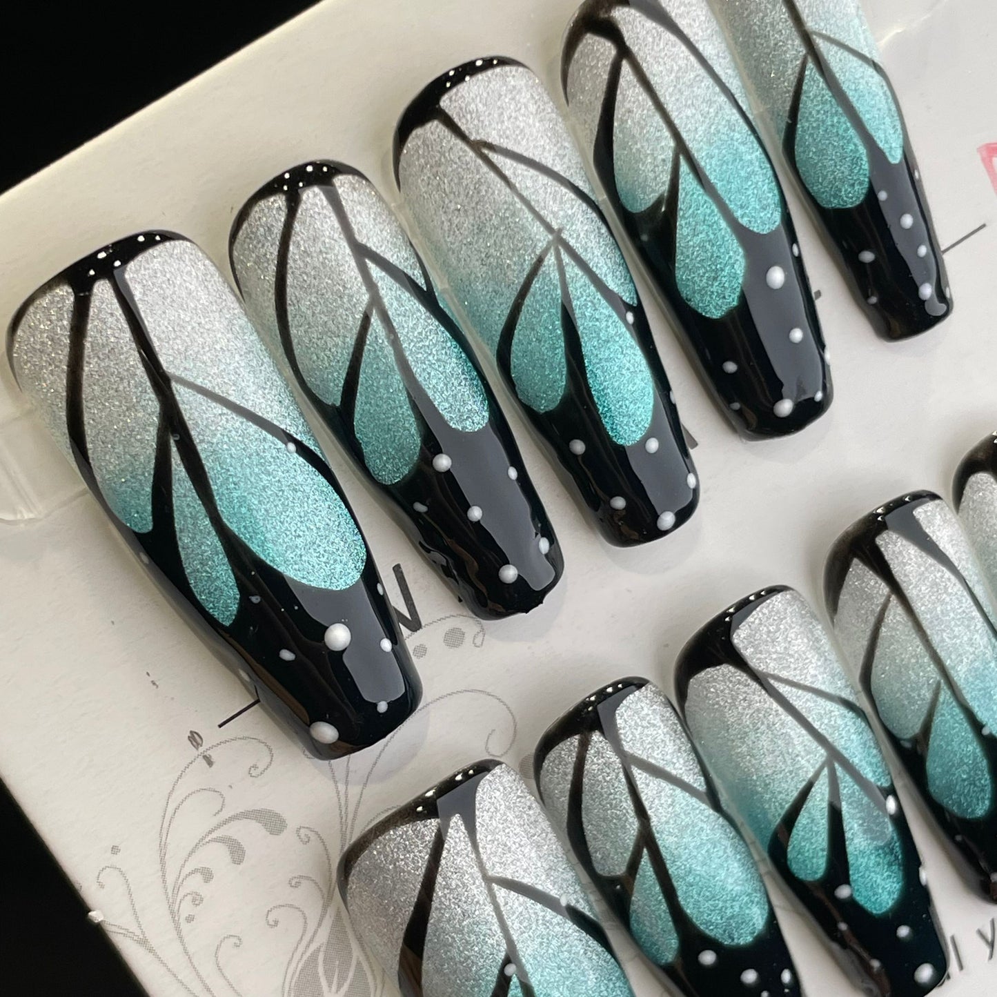 Handmade Press On Nails Long Coffin Blue butterfly wings-DaiRS