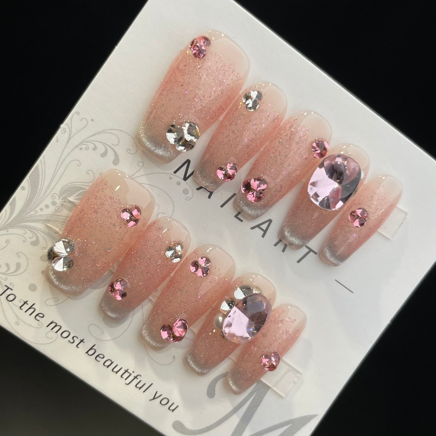 Handmade Press On Nails Long Coffin Sequined cat eyes-DaiRS