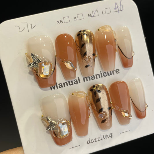 Handmade Press On Nails Medium Coffin Autumn leaf butterfly