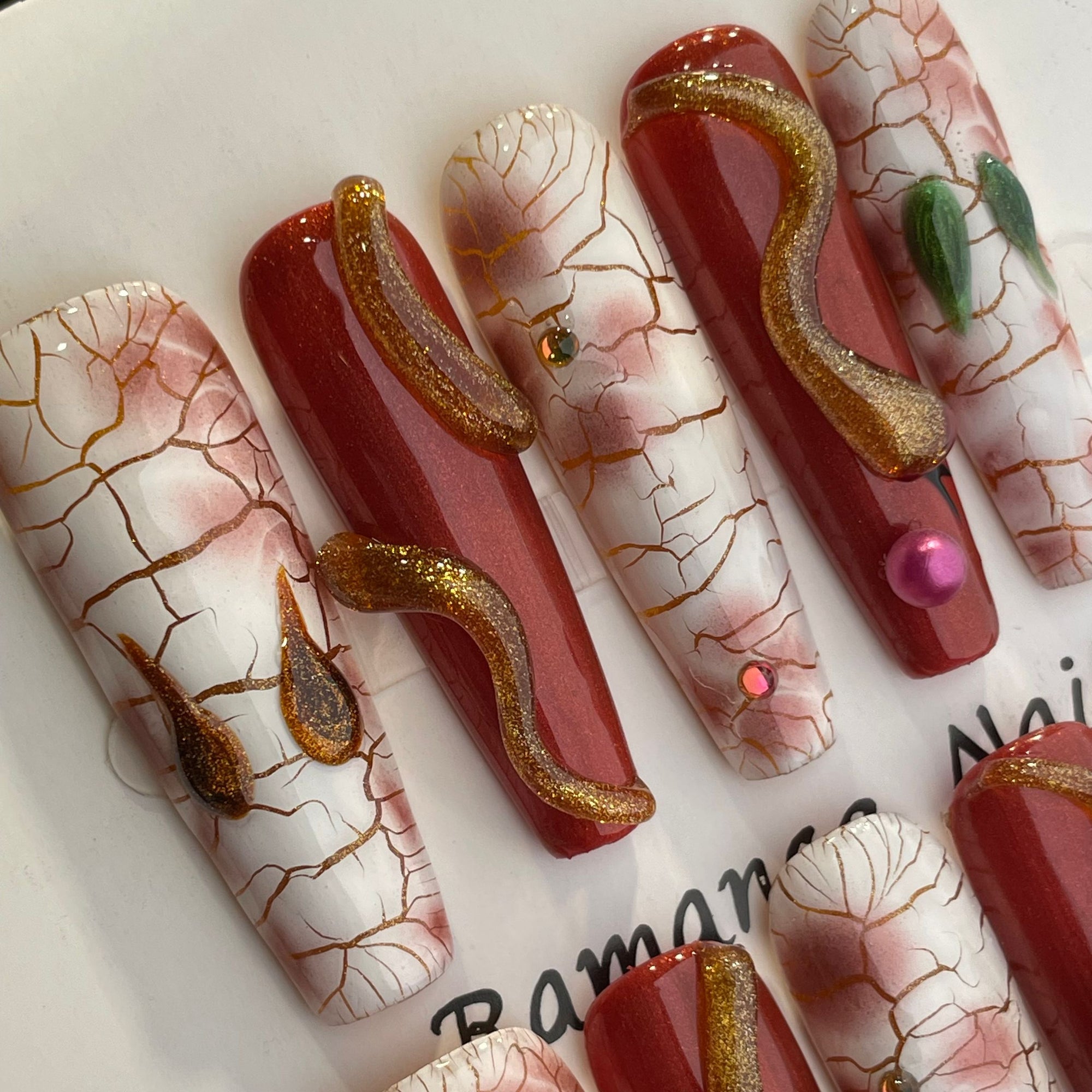 Handmade Press On Nails Extra-Long Coffin Brick red snake scale-YiH