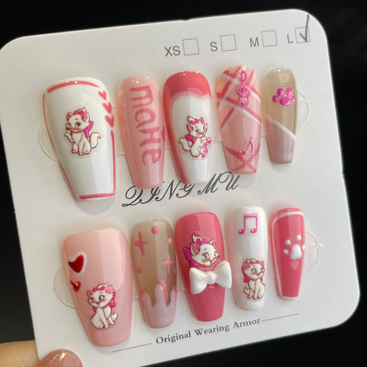 Handmade Press On Nails Long Coffin Pink Hello Kitty