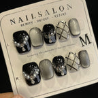 Handmade Press On Nails Short Coffin Black cat-eye necklace-YiH