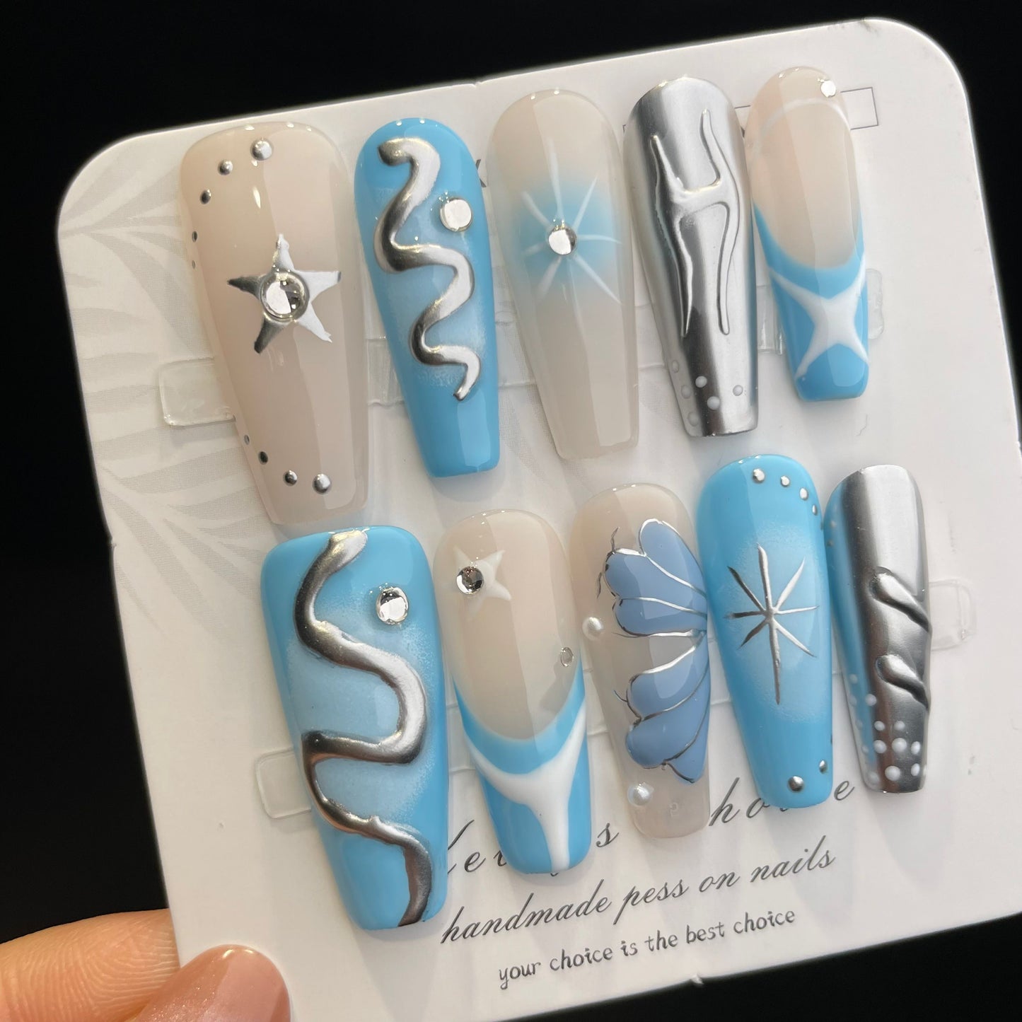 Handmade Press On Nails Long Coffin Little blue metal snake-DaiRS