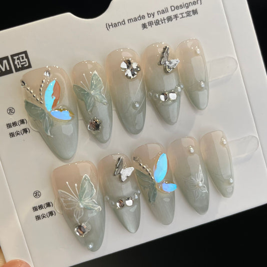 Handmade Press On Nails Long Almond Butterfly mint green