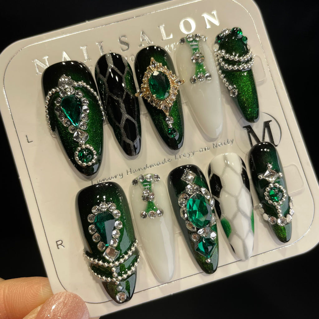 Handmade Press On Nails Long Almond Gorgeous diamond green Medusa-YiH
