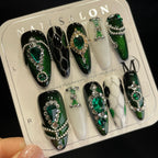 Handmade Press On Nails Long Almond Gorgeous diamond green Medusa-YiH