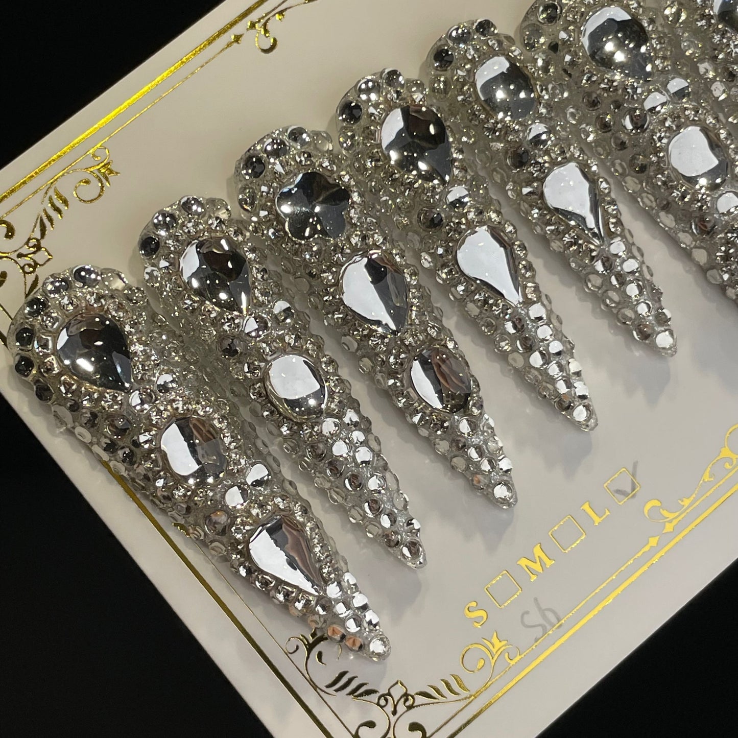 Handmade Press On Nails Extra-Long Stiletto Silvery