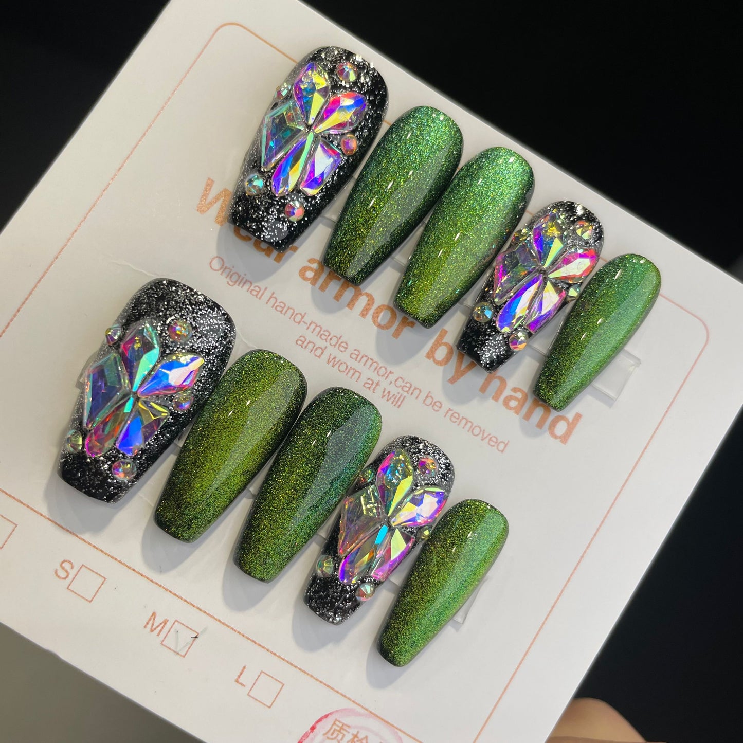 Handmade Press On Nails Long Coffin Green Demon