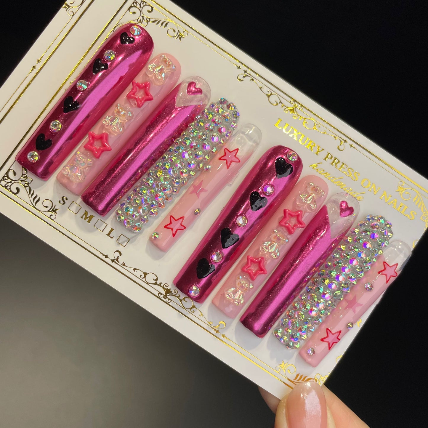 Handmade Press On Nails Extra-Long Coffin Hot and sweet girl