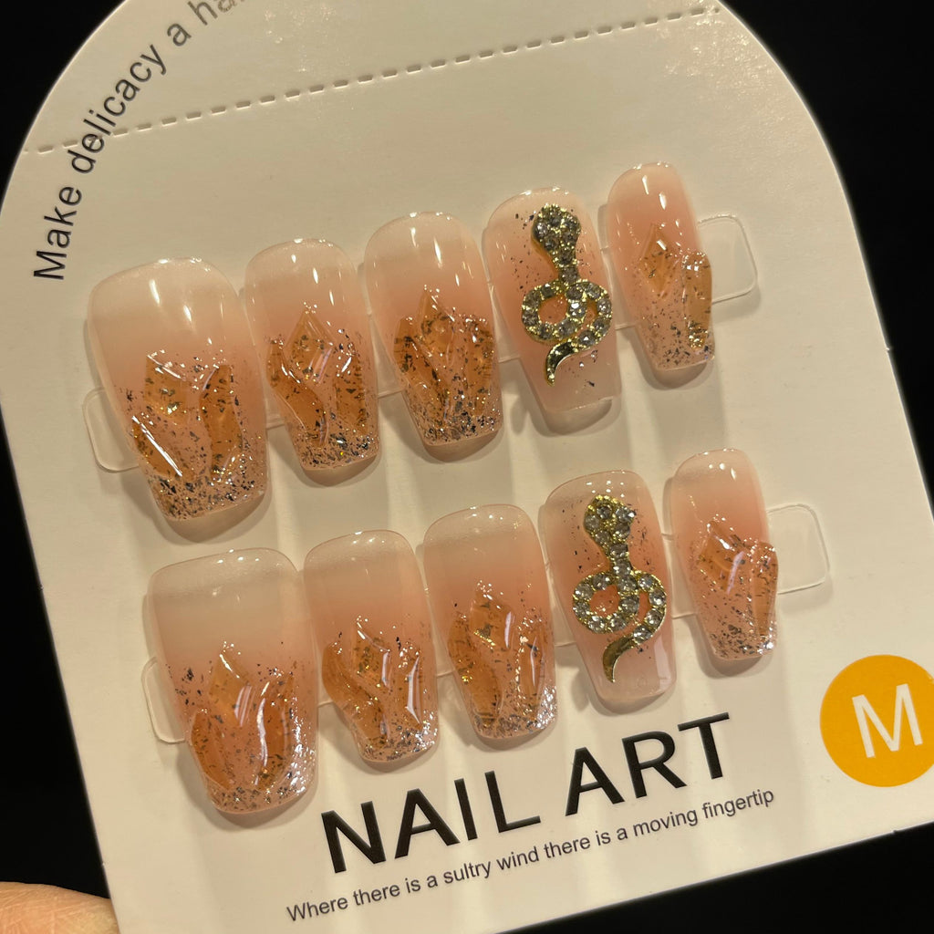 Handmade Press On Nails Medium Coffin Snake drill flame flash-YiH