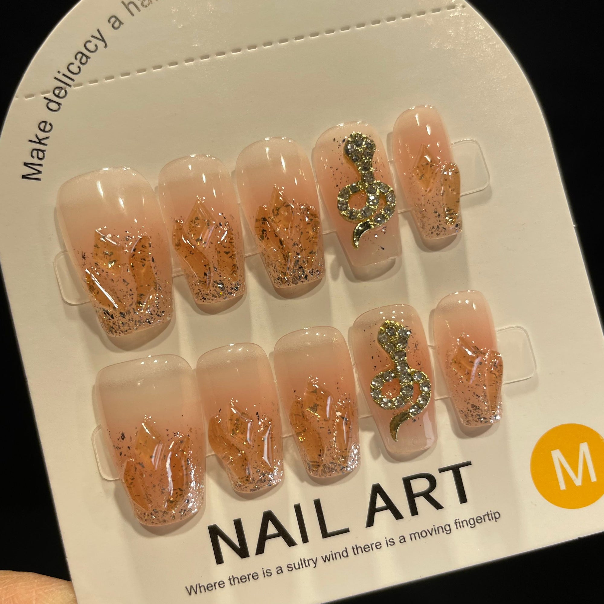 Handmade Press On Nails Medium Coffin Snake drill flame flash-YiH