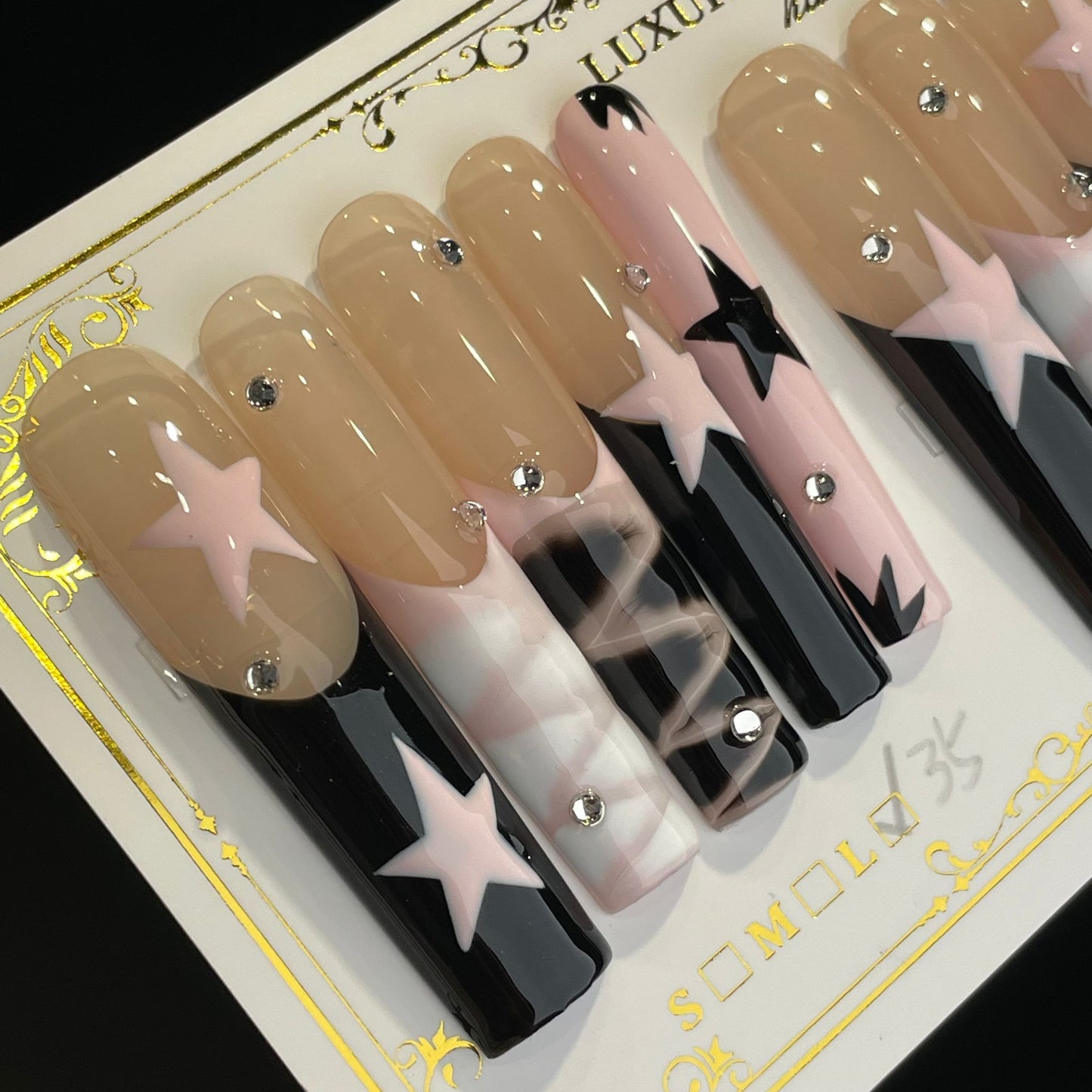 Handmade Press On Nails Extra-Long Coffin Black pink stars sweet cool