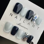Handmade Press On Nails Short Coffin Blue glitter-YiH
