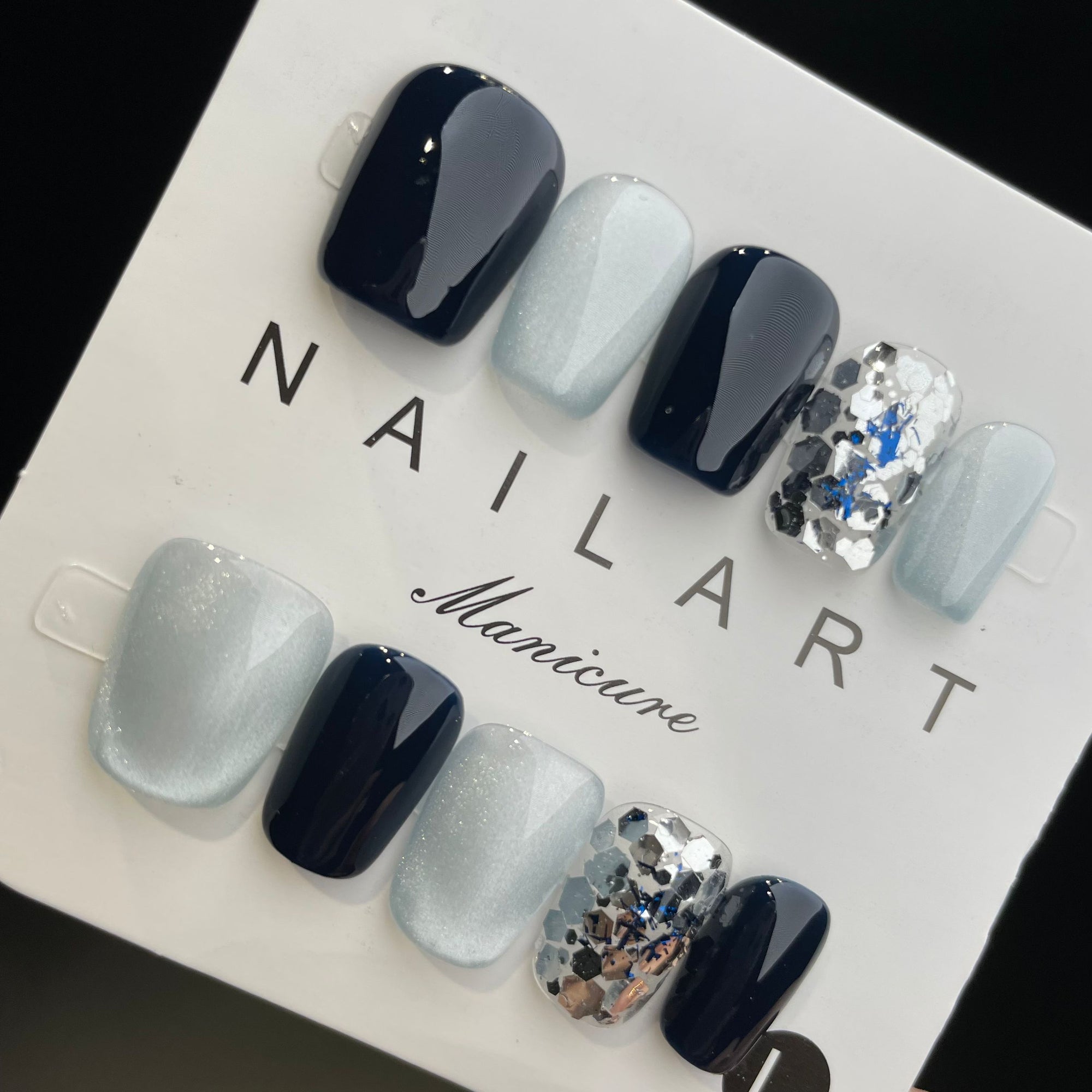 Handmade Press On Nails Short Coffin Blue glitter-YiH