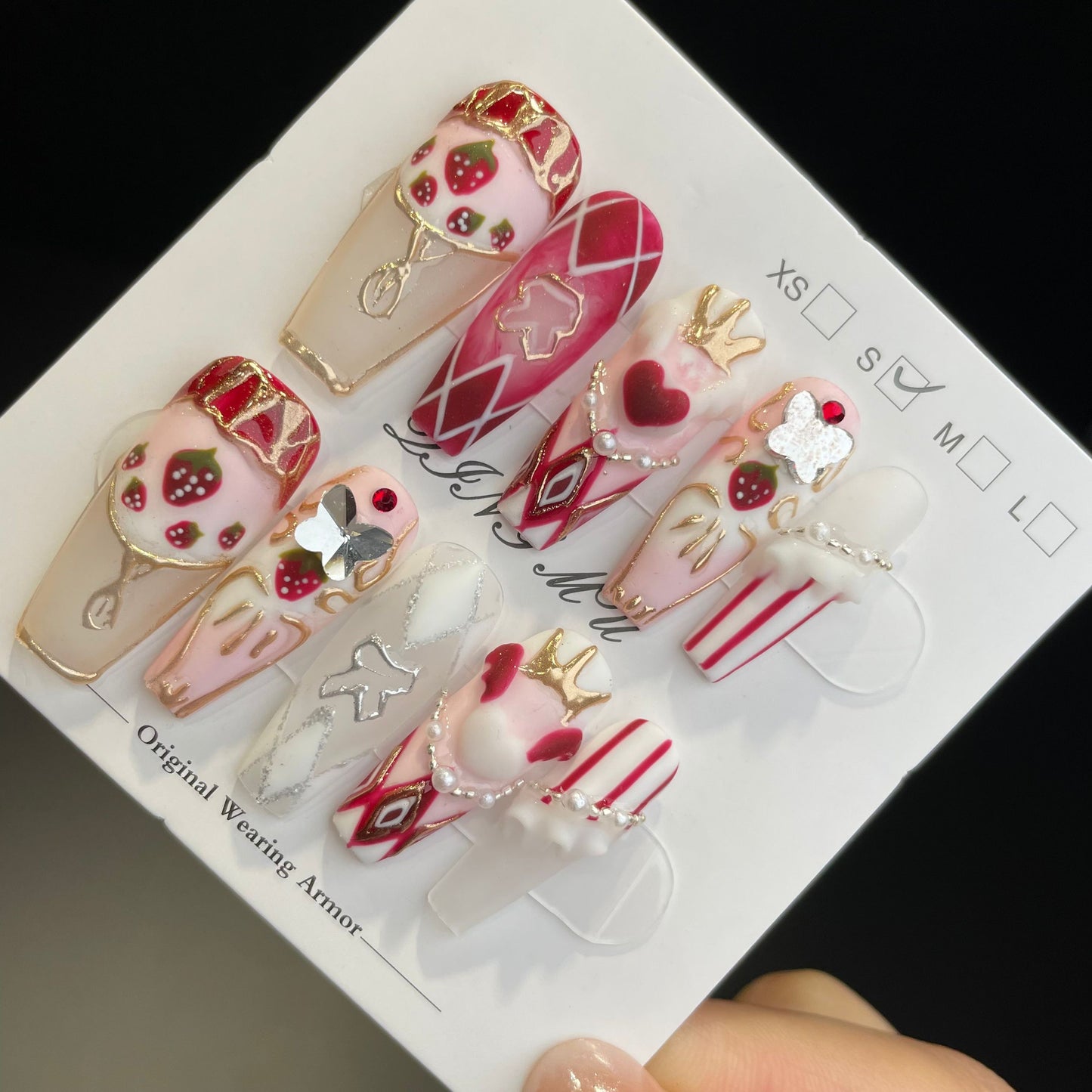 Handmade Press On Nails Long Coffin Strawberry cake