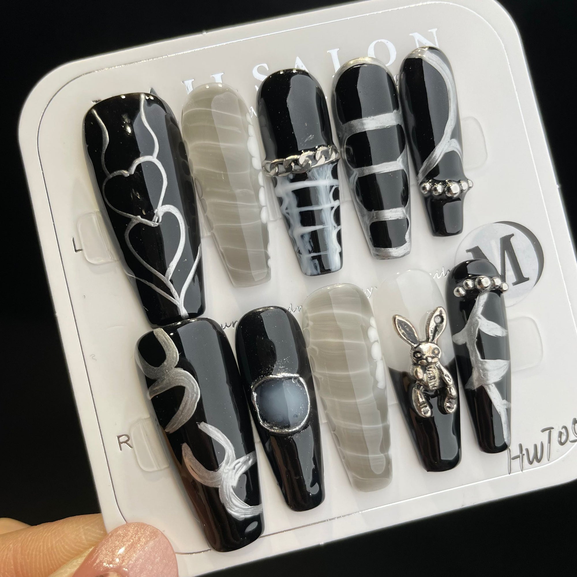 Handmade Press On Nails Long Coffin Black silver lines-YiH