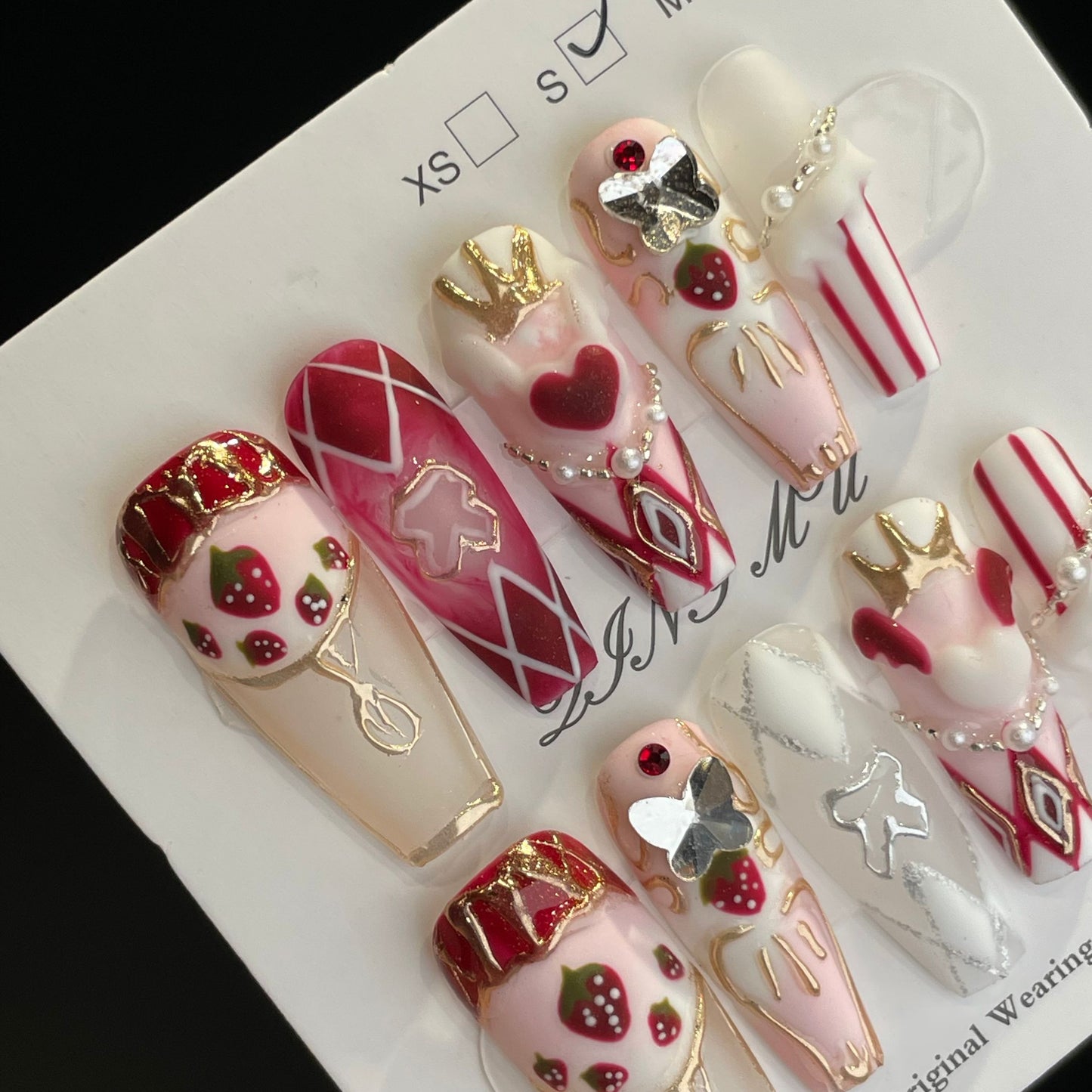 Handmade Press On Nails Long Coffin Strawberry cake