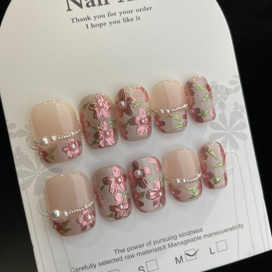 Handmade Press On Nails Short Coffin Blossoms