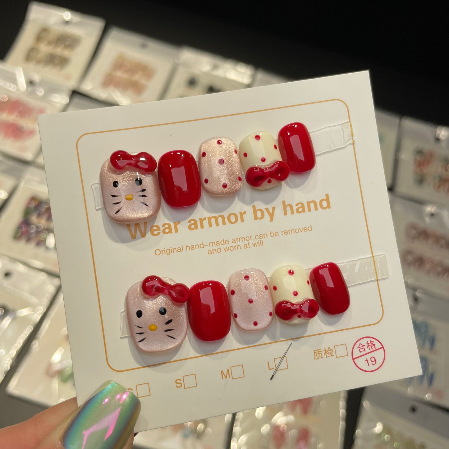 Handmade Press On Nails Short Square Red Kitten