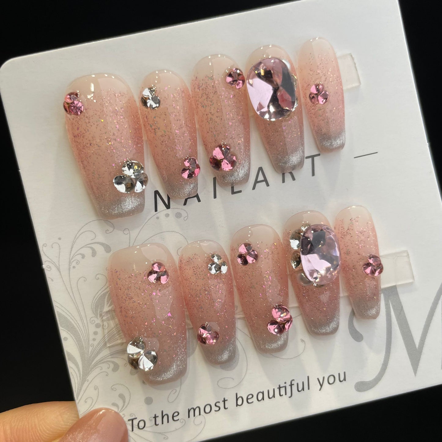 Handmade Press On Nails Long Coffin Sequined cat eyes-DaiRS