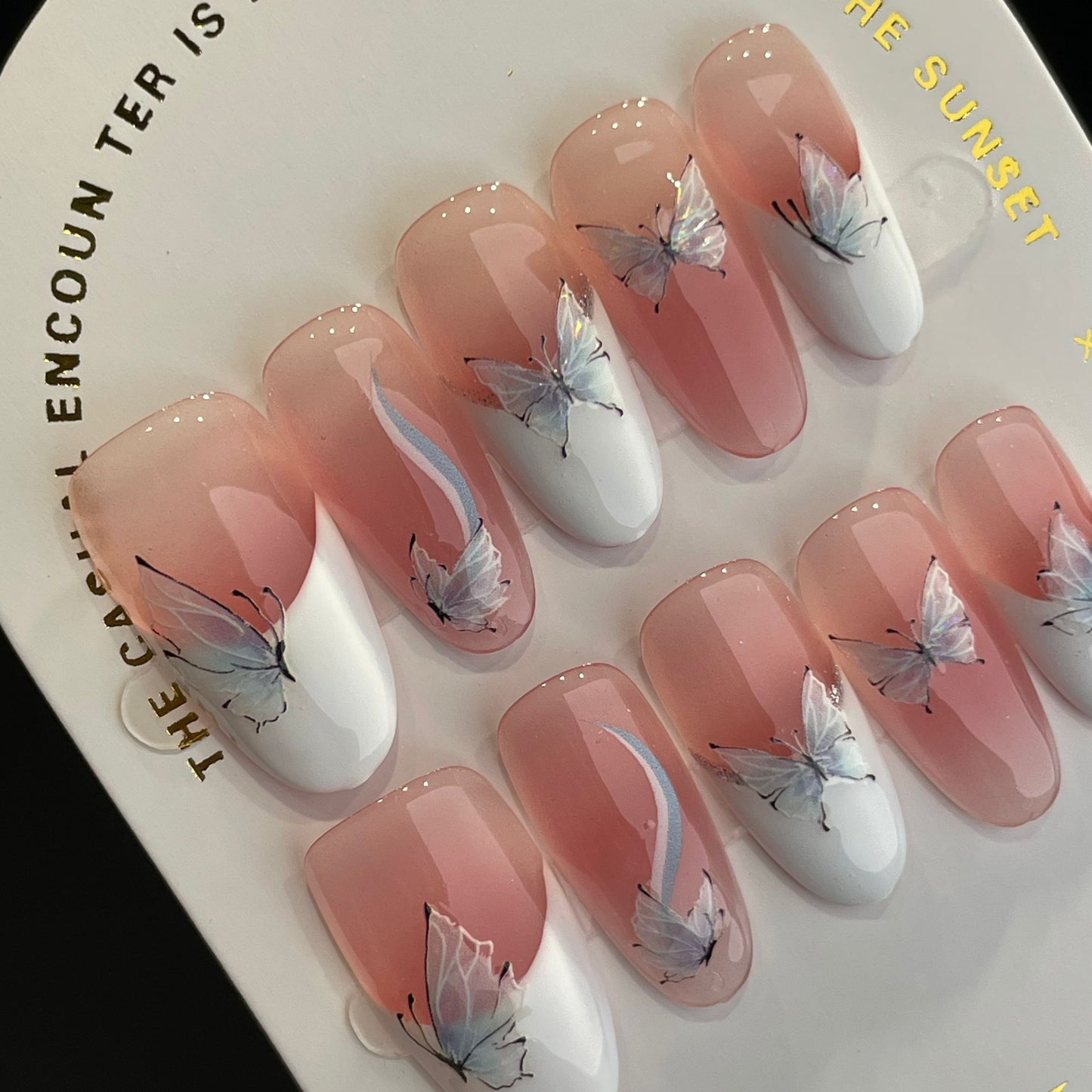 Handmade Press On Nails Medium Almond French butterfly