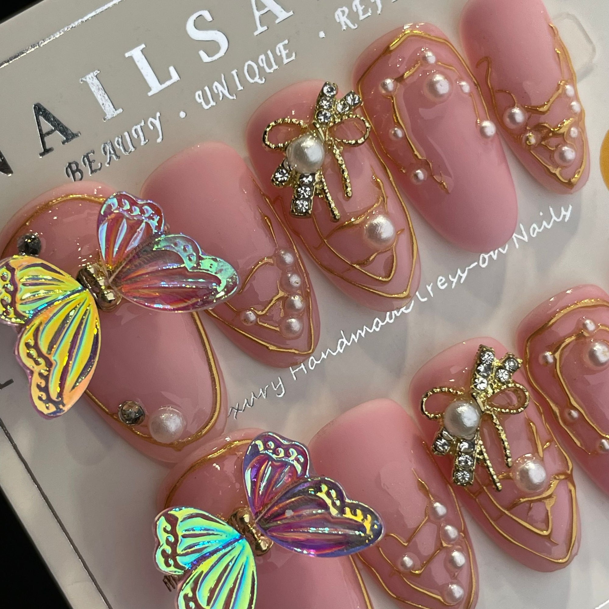 Handmade Press On Nails Long Almond Pink butterfly-YiH