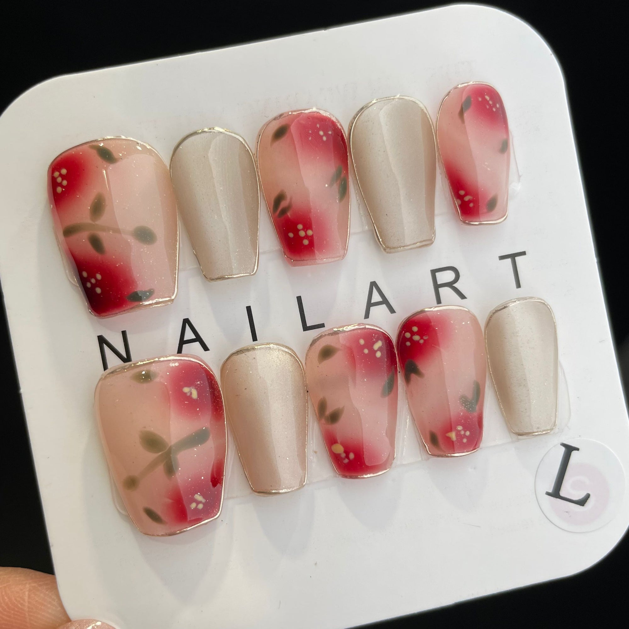 Handmade Press On Nails Medium Coffin Cat's eye red flower-YiH
