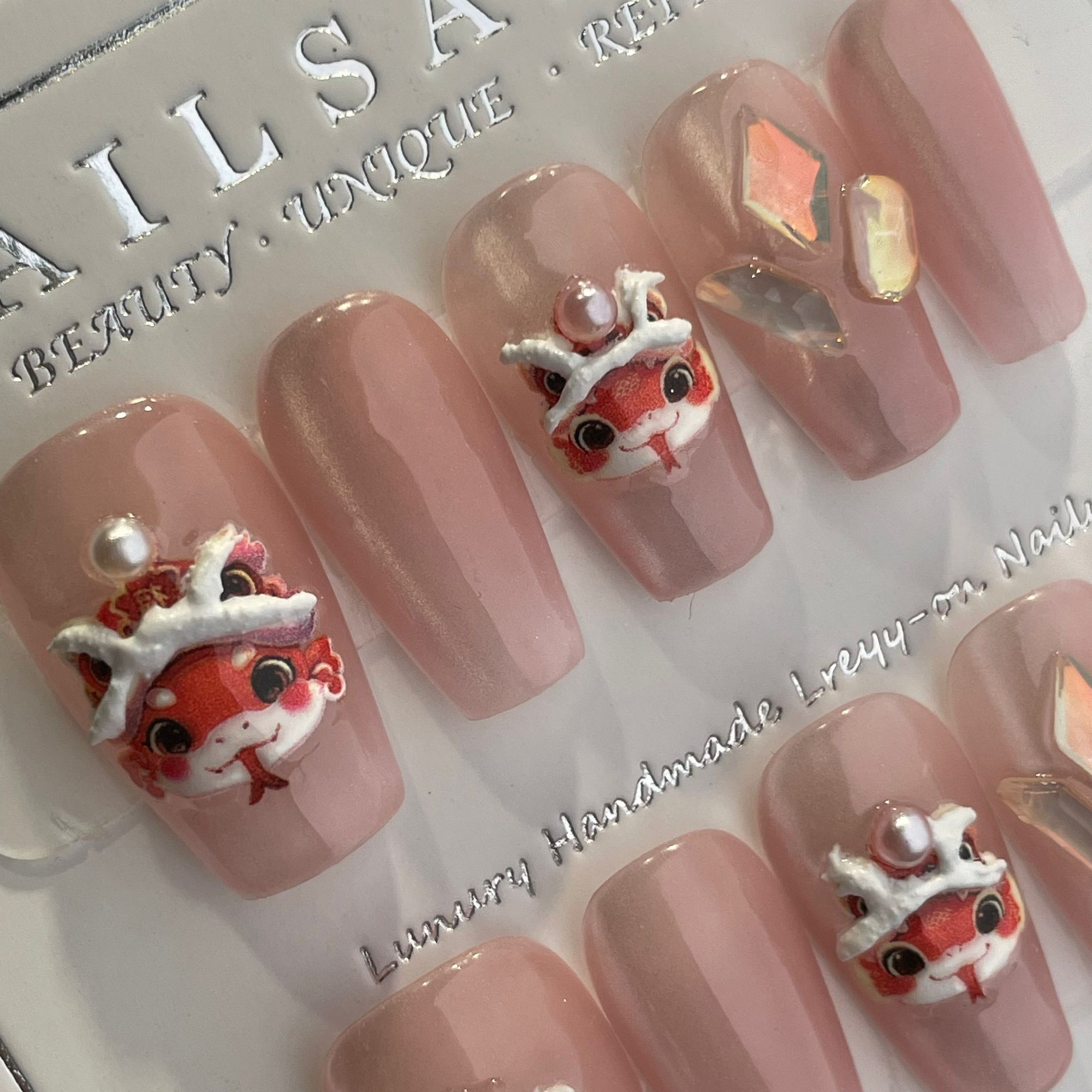 Handmade Press On Nails Medium Coffin Lucky little snake-YiH
