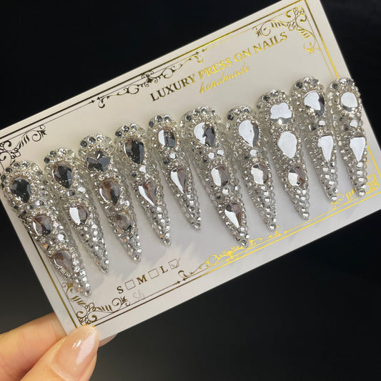 Handmade Press On Nails Extra-Long Stiletto Silvery