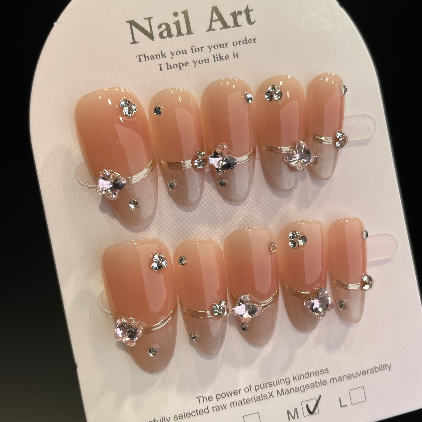 Handmade Press On Nails Long Almond French diamond